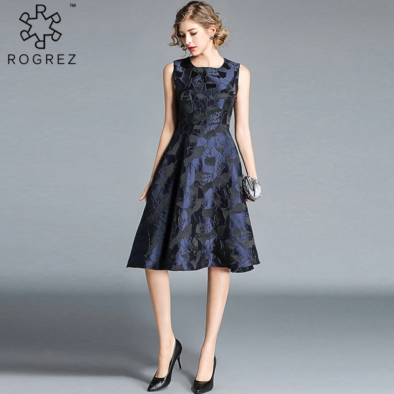 ROGREZ синее Элегантное повседневное платье без рукавов с круглым вырезом для
