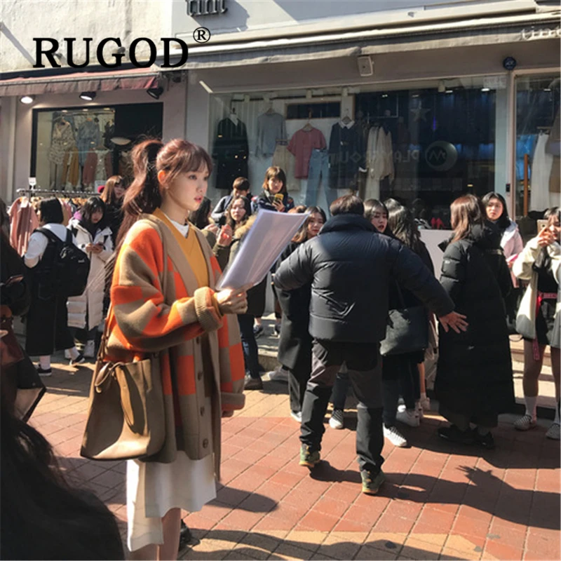 RUGOD Ins, модный клетчатый женский кардиган, корейский шик, плотный, свободный, женский, auturm, Женский вязаный кардиган, feminino mujer invierno