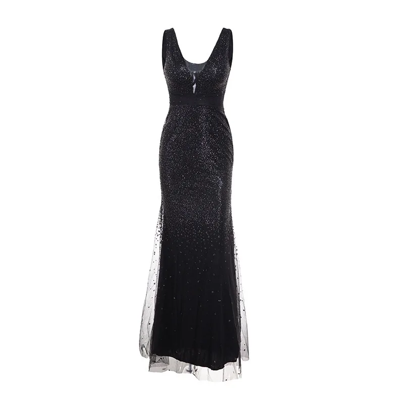 U-SWEAR New Pattern Sexy Deep V Neck Full Dress Pink Sequins Mesh Long Dresses Evening Gowons Women Vestidos - Цвет: black
