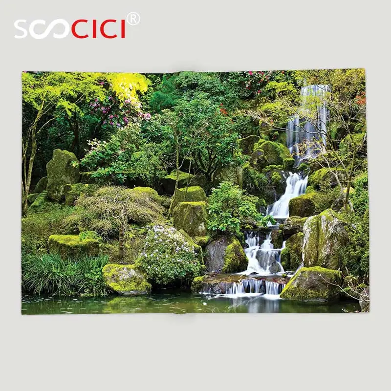 

Мягкое Флисовое одеяло на заказ, деревенский пруд в азиатском стиле, садовое одеяло для бурения, деревья, листва, камни, водный плащ, картина зеленого цвета