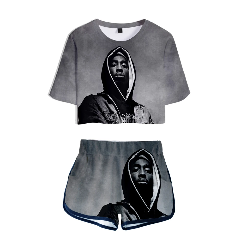 Kpop 2PAC 3D комплект из двух предметов женские пижамы футболка шорты укороченный топ