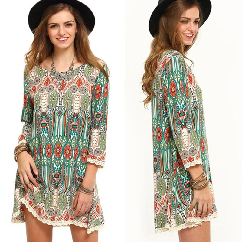 Женское пляжное платье из шифона с винтажным принтом Boho повседневное мини