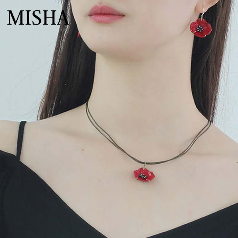 

MISHA New Latest Gift Set 925 Silver Handmade Red Flower Shape Enamel glaze Fine Jewelry Sets Necklace & Earring For Women L2155