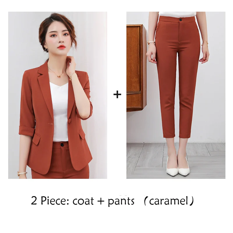 caramel coat pants Женский костюм весенне-летние приталенные карамельные блейзеры с рукавом средней длины Офисная Женская модная повседневная куртка штаны по лодыжку костюмы Женская одежда - Цвет: caramel coat pants
