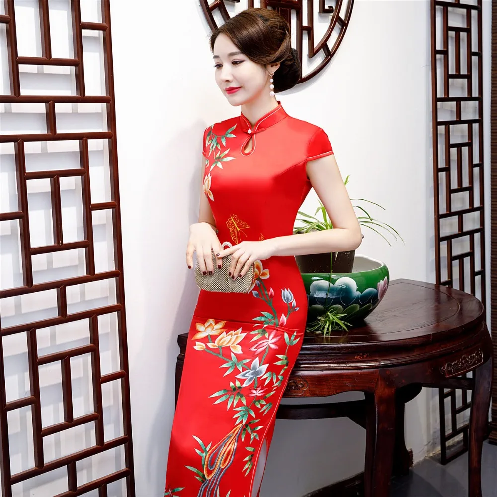 Шанхай история искусственного шелка Qipao Платье длинное Cheongsam национальный тренд платья короткий рукав тонкий Традиционный китайский платье для женщин