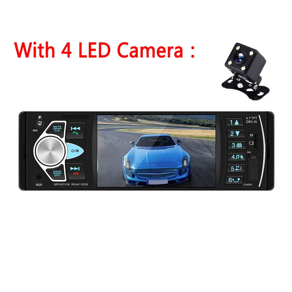 With 4 LED Camera Podofo 1 Din автомагнитола 4,1 ''цифровой дисплей Bluetooth FM MP3 Авторадио мультимедийный плеер 1din аудио радио USB FM Монитор резервного копирования - Цвет: With 4 LED Camera