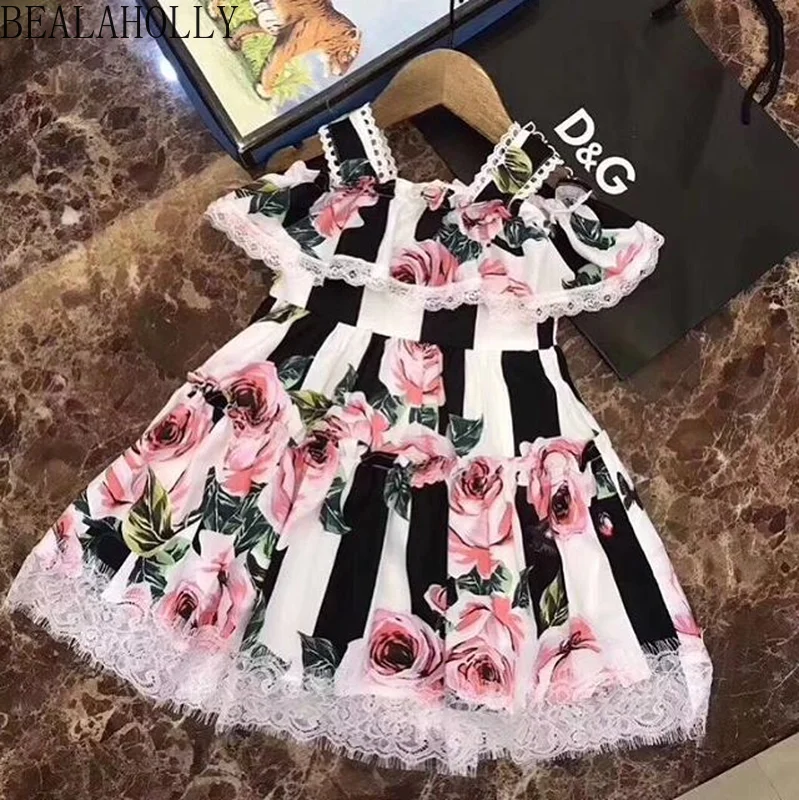 INS/2019 Летнее Детское платье на бретельках в Вертикальную Полоску с цветочным