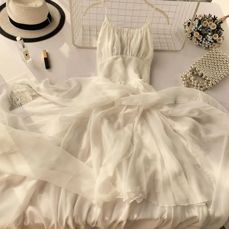 Женское шифоновое платье на бретелях-спагетти повседневное длинное