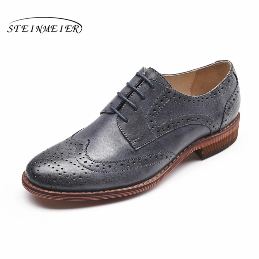 Genuine sheepskin leather brogue shoes yinzo lady flats vintage handmade winter oxford for women black grey brown | Обувь