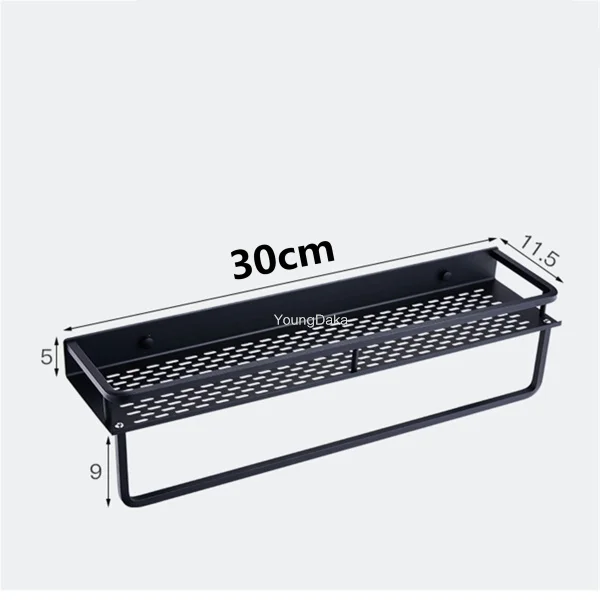 30cm (With bar) Черная полка для ванной комнаты, Алюминиевая душевая корзина, угловые полки для ванной комнаты, держатель для шампуня, кухонная стойка для хранения, аксессуары - Цвет: 30cm (With bar)