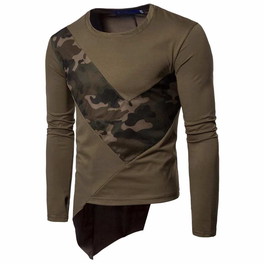

Brand New Mens Cotton Camouflage T Shirts Fashin Men Lightning Grid Stitching Long Sleeved Top Shirts For Male Nice M-2XL
