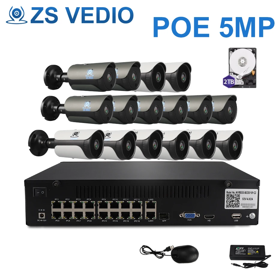 ZSVEDIO H.265 5MP 2592*1944 система видеонаблюдения 48V PoE 16CH NVR комплект Bullet IP камера