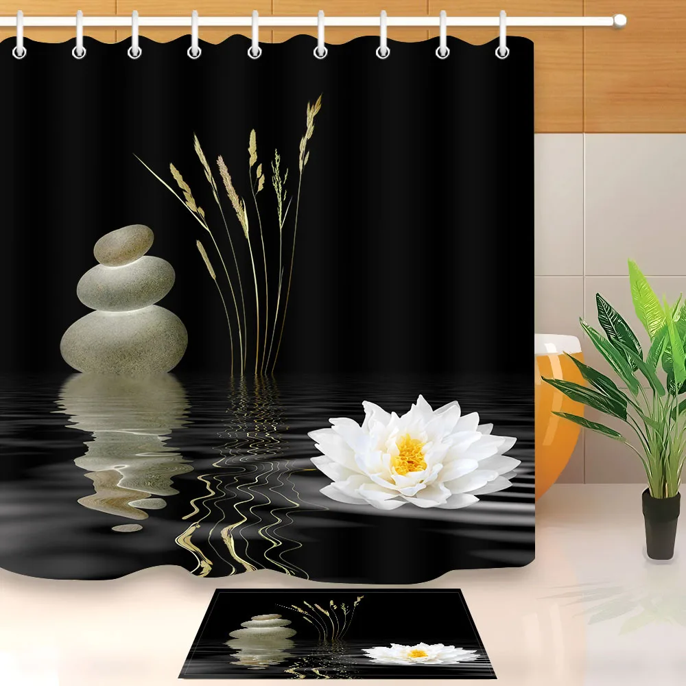 Curtain and mat LB Zen Stone занавеска для душа с Азиатским цветком лотоса отражение на воде Ванная комната Водонепроницаемый полиэстер ткань для ванной Декор - Цвет: Curtain and mat