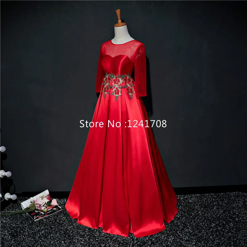 Brand New 2017 Summer O-Neck Short Sleeve Red Satin Sashes Flowers Embroidery Pattern Floor-Length Evening Party Dresses |
