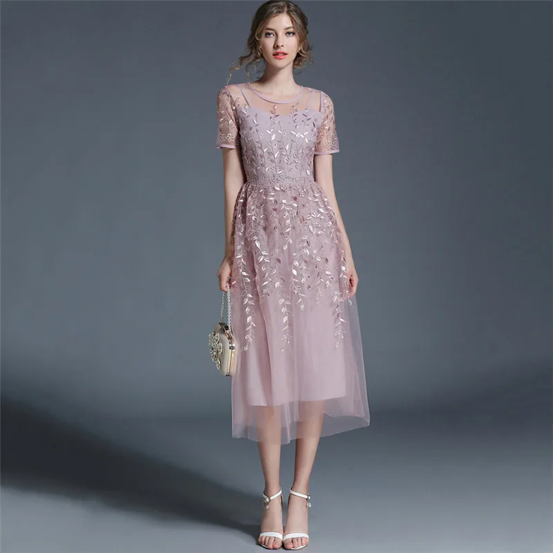 Pink purple Вечерние женские платья розового, фиолетового цвета, S-2XL, Новинка лета, небесно-голубое Сетчатое платье с вышивкой и коротким рукавом, облегающее макси платье, Vestidos LD1036 - Цвет: Pink purple