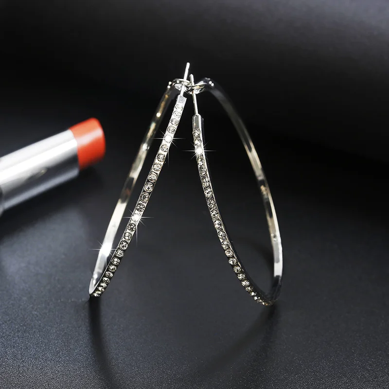 Women's Fashion Hoop Earrings with Rhinestone Circle Design - Simple and Elegant Big Circle Gold Color Loop Earrings image 4
