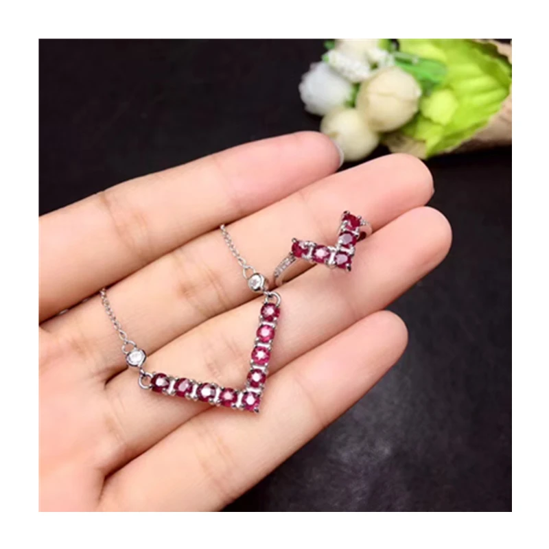 Натуральные рубиновые комплекты украшений для женщин элегантные Nacklace& Ring 925 стерлингового серебра женские для невесты оптовик#1037