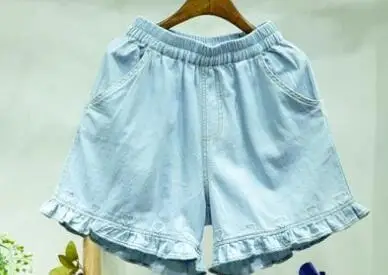light blue photo 3-1 Лоскутные плиссированные гофрированные прямые широкие брюки с эластичной резинкой на талии джинсовые короткие Kawaii Лолита мягкая девушка вышивка любовь Сладкий Жан брюки - Цвет: light blue photo 3-1