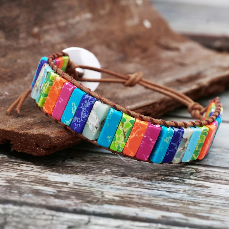 Boho трубка браслета ФОРМА натуральный камень один кожаный браслет обруча полудрагоценный камень для женщин бисерный Браслет манжета Прямая поставка