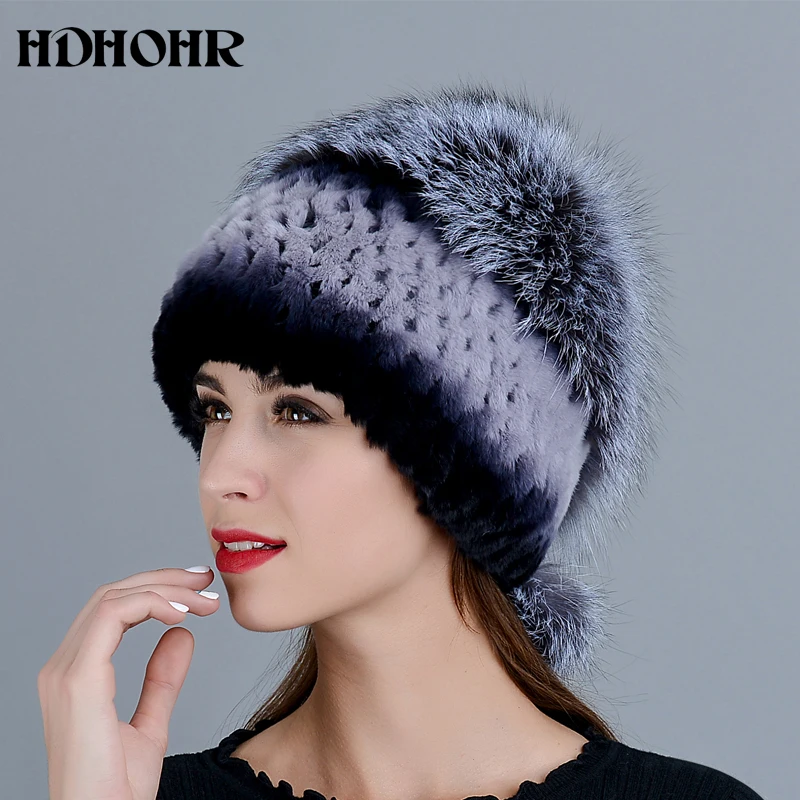 HDHOHR 2020 модная зимняя шапка из натурального меха женская кроличьего с вязаными