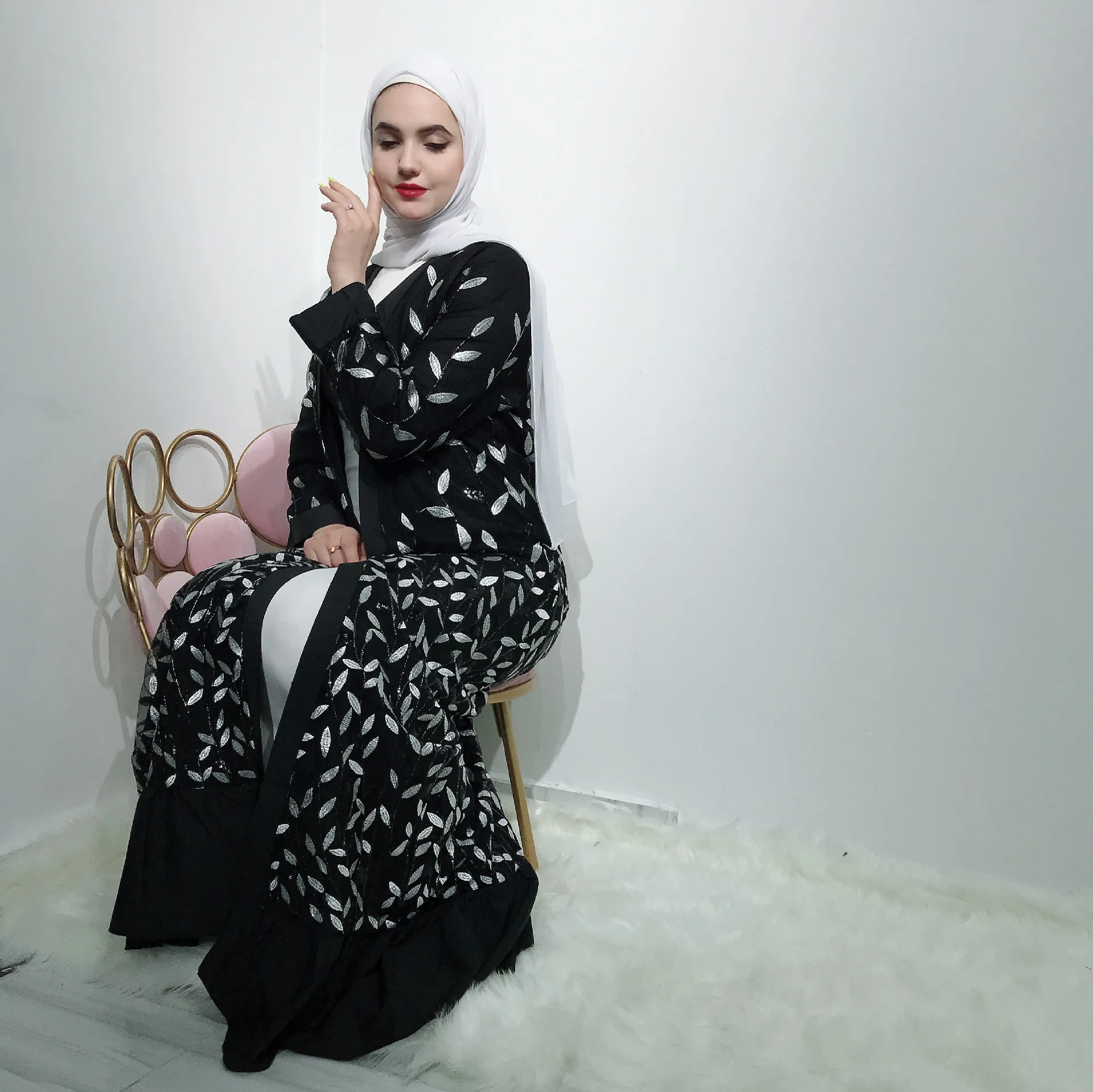 Кимоно с открытой передней частью Abaya Дубай синий черный абайя хиджаб для