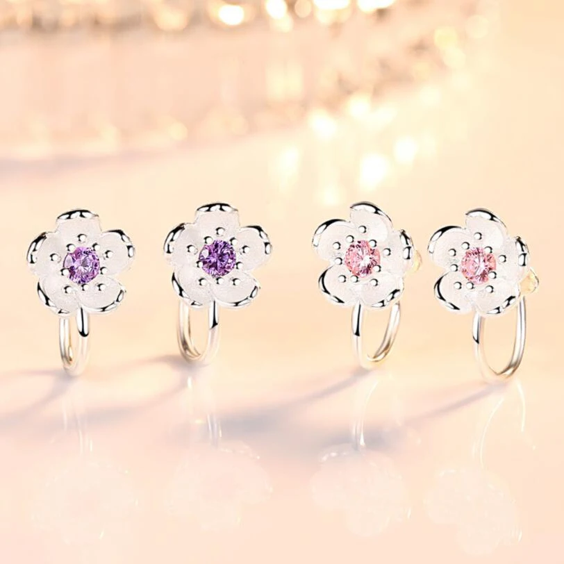 Детские серебряные розовые циркониевые милые серьги-клипсы с цветком стильные