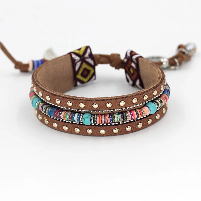 Женский кожаный браслет VONNOR черный/коричневый ручной работы с бусинами и лентами