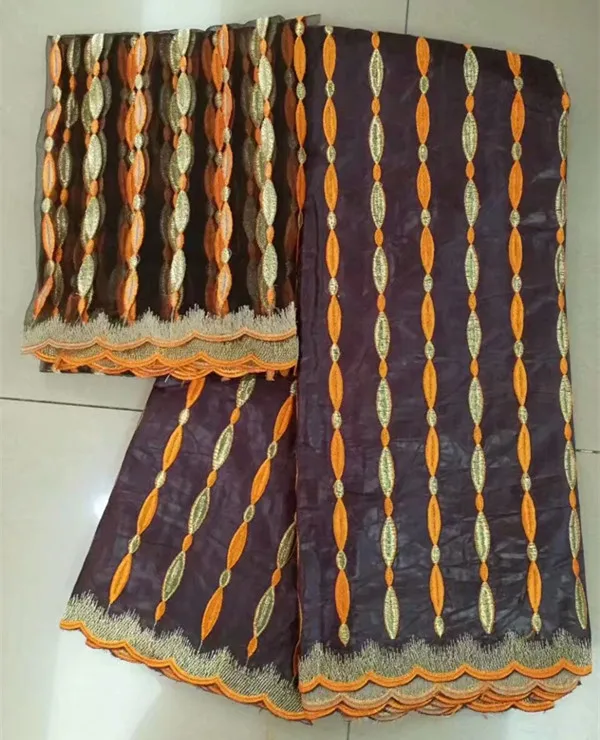 Coffee bazin getzner with orange stripes embroidery 5yards match 2yards tulle lace for sewing african new dress Oct-7-2017 | Дом и сад