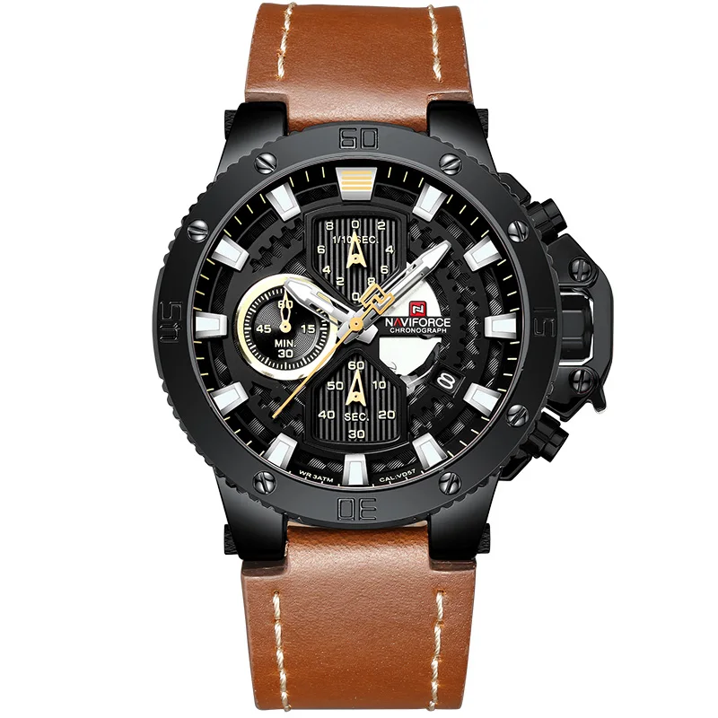 Black Yellow Лидирующий бренд NAVIFORCE мужские спортивные часы мужские роскошные кожаные кварцевые автоматические часы с датой мужские армейские военные водонепроницаемые наручные часы - Цвет: Black Yellow