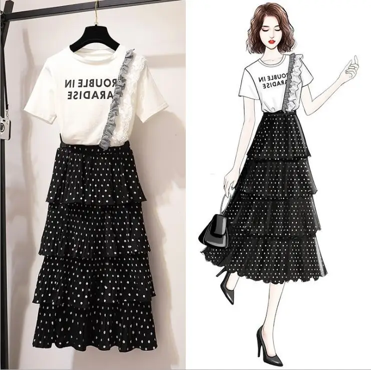 

Spring and summer new style Fashion mesh long dress Cute wave point set Chiffon dress Korean version of the new cake dress
