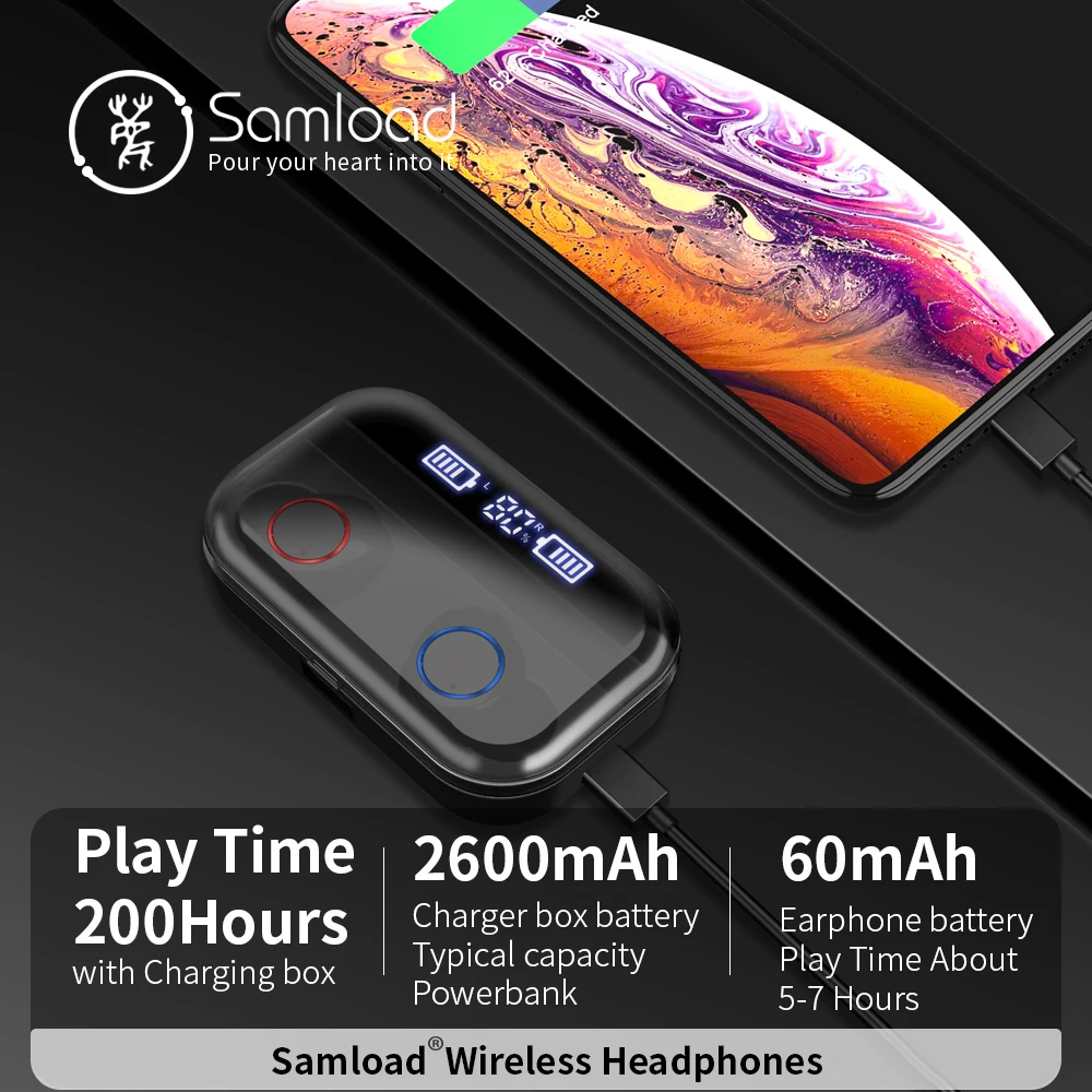 Samload беспроводные наушники HIFI Звук Bluetooth 5,0 вкладыши IP6 7 водонепроницаемые наушники с 2600 мАч блок питания для ios Android