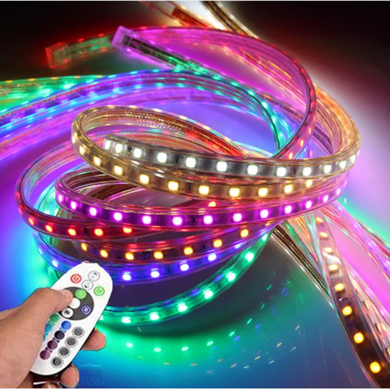 

Гибкая светодиодная лента 220 В переменного тока 5050 SMD с пультом дистанционного управления, 60 светодиодов на метр, водонепроницаемая светоди...