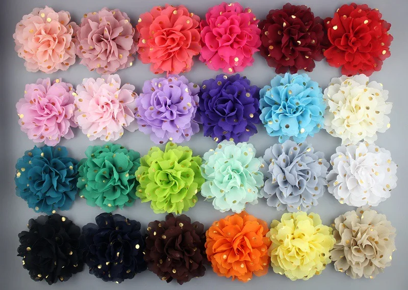 

100pc/lot 4inch Polka dot chiffon flower with rhinestone fabric flowers for headbands 24colors flat back gold dots kid flowers