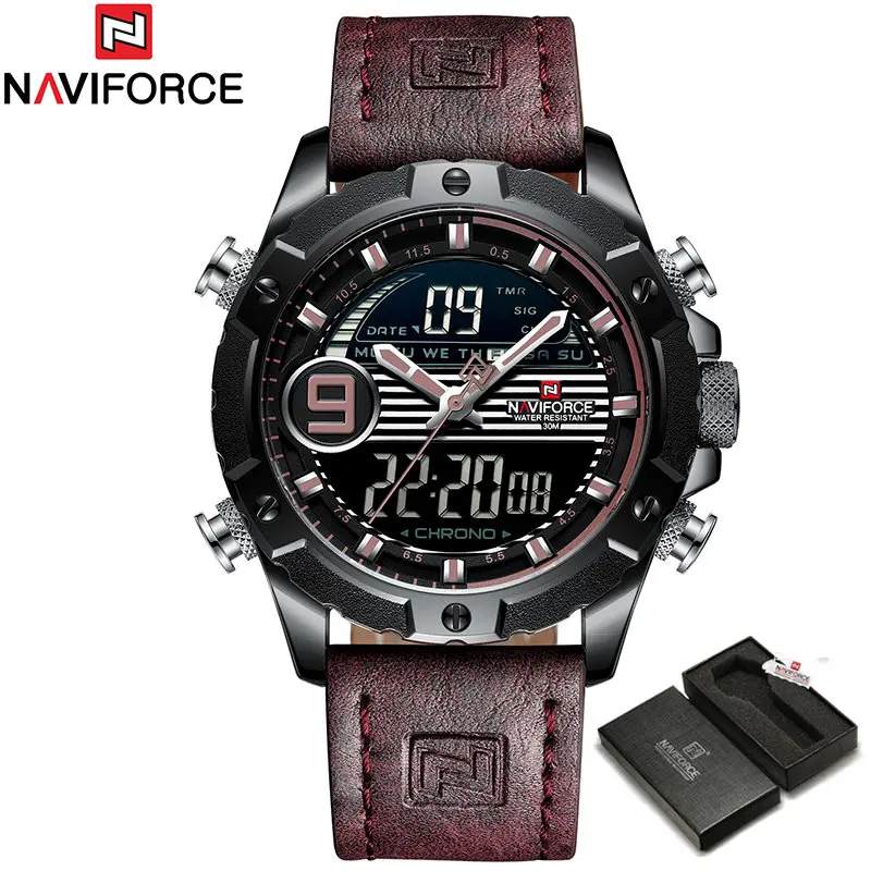 Black Purple -Box NAVIFORCE Топ Брендовые Часы мужские модные кварцевые часы светодиодный цифровой спортивные часы мужские кожаные водонепроницаемые часы Relogio Masculino - Color: Black Purple -Box