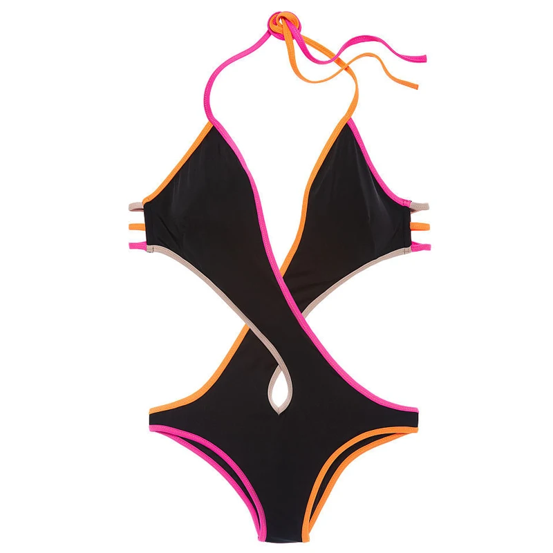 2016 Summer Brazilian New Sexy Halter Swimsuit One Piece Stitching Color Backless Women Drawstring Beach Bathing suit | Спорт и