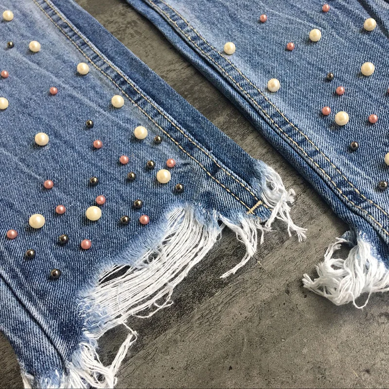 Women Jeans Autumn Winter Fashion Casual Denim Pants For Lady Straight High Waist With Beads Female Holes Ripped Trousers |