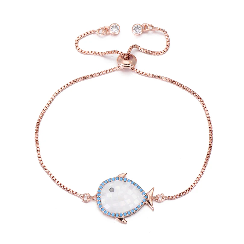 rose gold Pipitree натуральный в виде ракушки Шарм для браслета рыба с голубым CZ Цирконом проложили мода розовое золото цвет цепи браслеты для женщин детей - Окраска металла: rose gold
