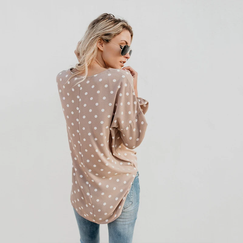 Женская футболка в горошек Длинная Элегантная с длинным рукавом и v образным