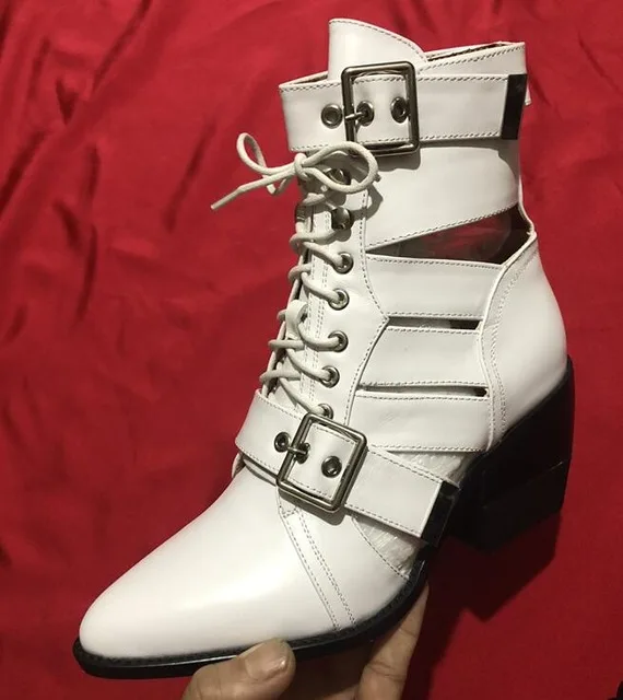 White MStacchi Brand Design Snake Skin Genuine Leather Boots Woman Pointed Toe High Heels Ankle Boots Buckle Lace Up Women Boots - Цвет: White