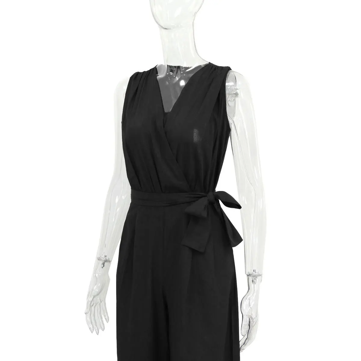 Женский комбинезон летний без рукавов v образный вырез высокая талия с поясом