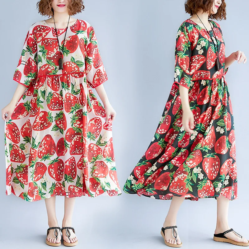 Новинка 2019 женские шифоновые платья круглый вырез короткий рукав клубничный