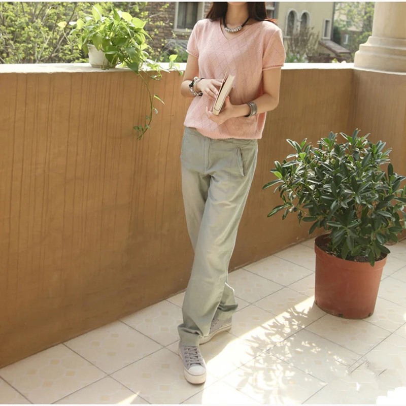 

2019 new large size V-neck cotton sweater female Siqin style loose short-sleeved literary literary bottoming shirt thin A316