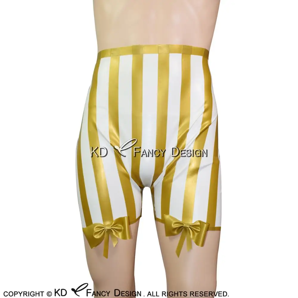 

White And Golden Trims Sexy Latex Boxer Short With Bows Stripes Rubber Underwears Underpants DK-0086