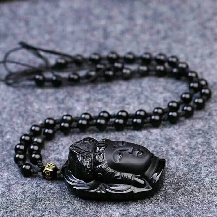 Прямая поставка занавес из бусин подвеска натурального обсидиана в виде черной головы Гуаньинь модные