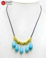 qingmos turquoises pendant necklace for women with 1016mm blue drop turquoises 5 pieces pendant 18 20 leather necklace nec6096