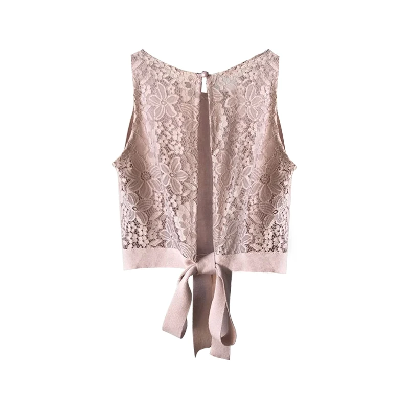 

Summer Women Knitting Solid women Tops Sleeveless Tee shirts Girls Solid Knit Patchwork Lace Tank Tops For Female