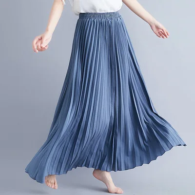 Light Blue Плиссированная Женская юбка, винтажная, летняя, осенняя, эластичная, высокая талия, чистый цвет, шифоновая, длинная, Ретро стиль, Классическая, длина до лодыжки, макси юбка - Цвет: Light Blue