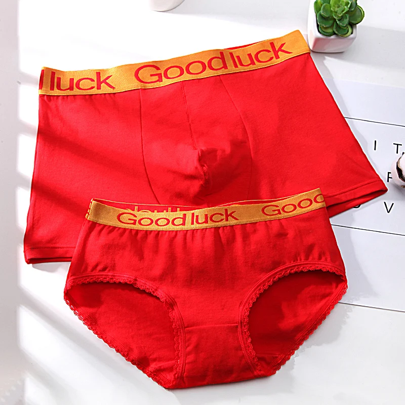 

ZJX Couple Underwear Red Mens Boxers Shorts Soft Cotton Women Panties Red Good Luck Sexy Male Female Underpant For Women