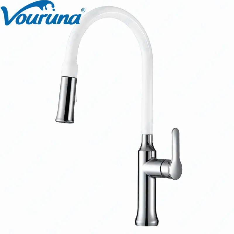 Vouruna Pull Out Kitchen Sink Mixer Tap Gooseneck White New Pullout Faucet Swivel Single Handle | Обустройство дома