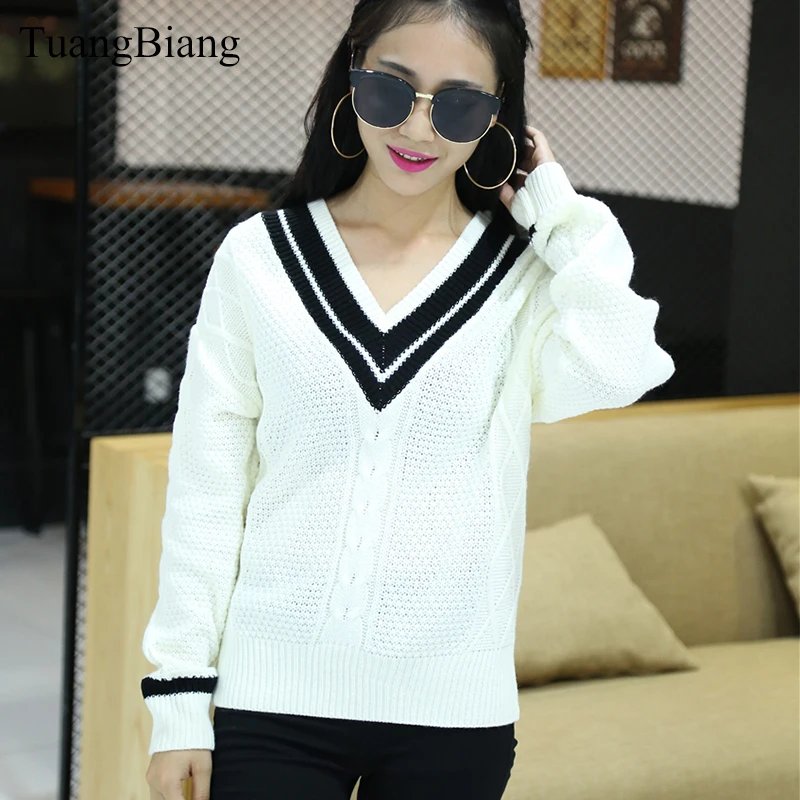2018 Autumn winter Coarse Needle Sweater Women Pullover Female Casual Loose V-Neck Bottoming Sweaters Tops stripe basic Jumpers | Женская